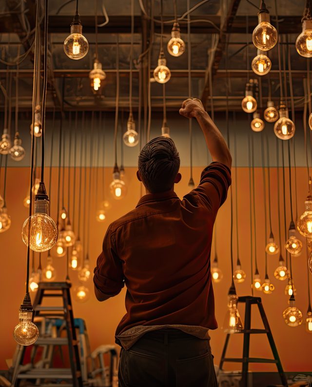 an electrician works on light bulbs. electricity. back view. Generative AI